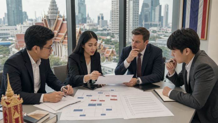 バンコクの会議室で外国人事業規制とタイ進出計画を確認するビジネスチーム