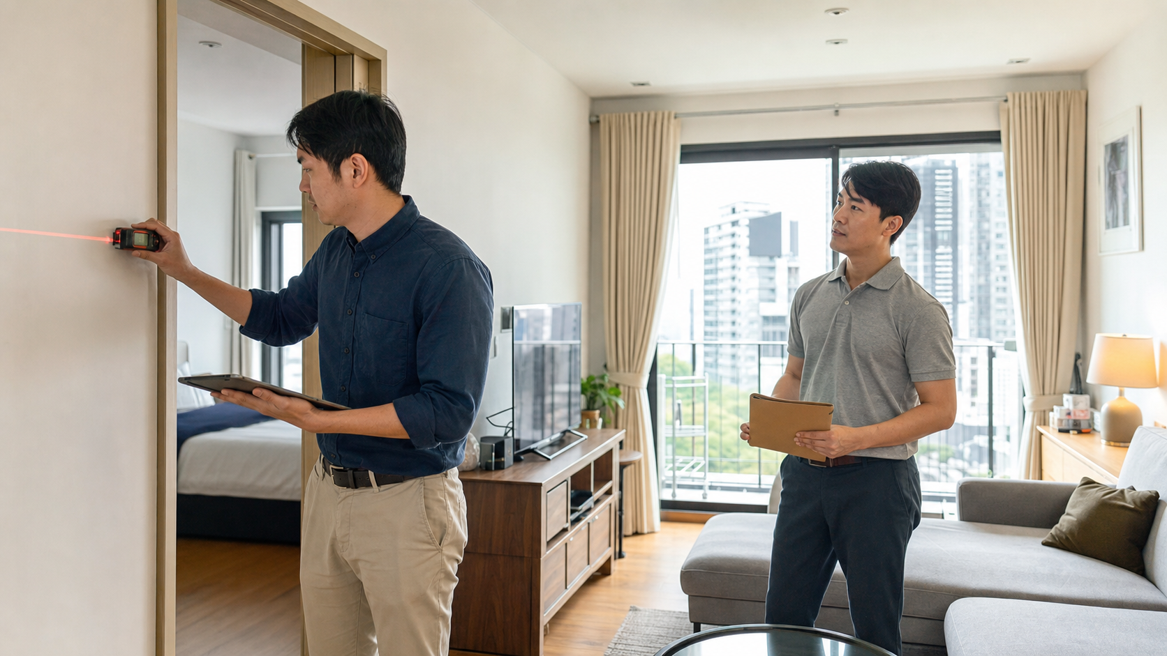 タイの住宅で銀行の担保評価担当者が建物状態と物件資料を確認する様子