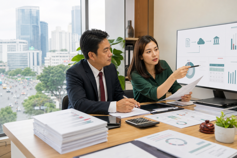 ベトナム法人の会計と電子インボイスを確認する財務担当者