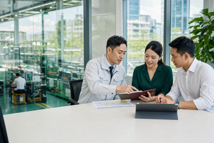 ベトナム工場で赴任書類を確認する日本人技術者と人事担当者