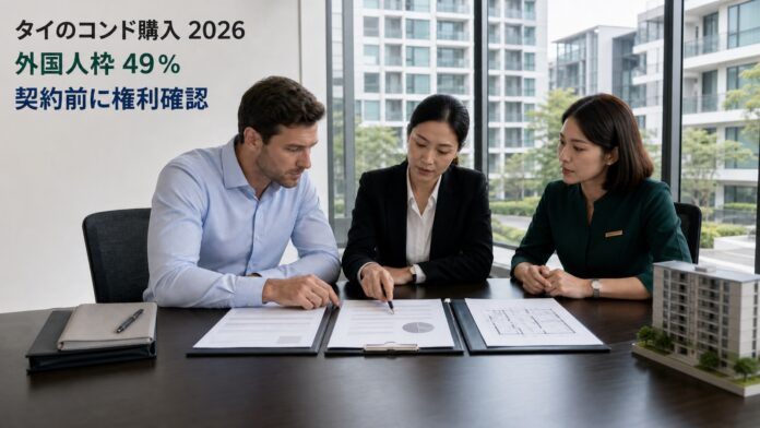 外国人買主がタイのコンドミニアムで49％枠、権利、契約、海外送金、土地局の移転手続を確認する場面