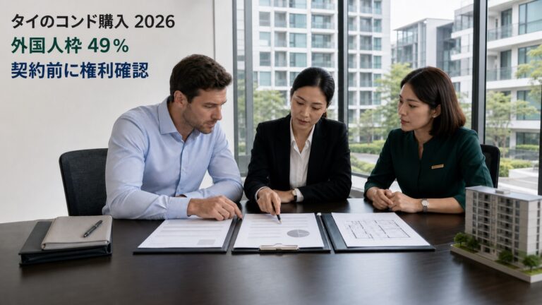 外国人買主がタイのコンドミニアムで49％枠、権利、契約、海外送金、土地局の移転手続を確認する場面