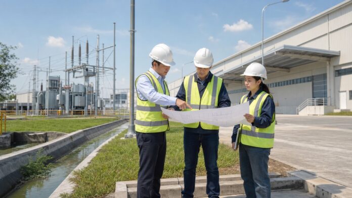 タイの工業団地で日本企業の事業責任者、設備技術者、環境担当者が土地、建物、設備、排水条件を確認する様子