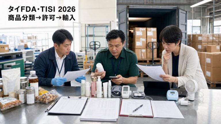 タイ向け商品の分類、FDA・TISI許可、タイ語表示、輸入確認を行う輸入責任者と品質担当者