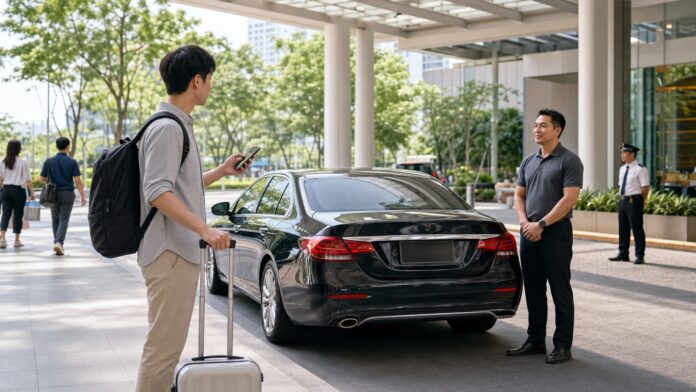 バンコクのホテル車寄せで日本人旅行者が配車運転者、車種、色、登録番号を乗車前に照合する様子