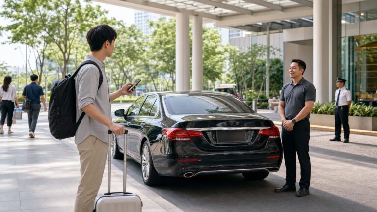 バンコクのホテル車寄せで日本人旅行者が配車運転者、車種、色、登録番号を乗車前に照合する様子
