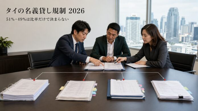 タイ会社の株主名簿、銀行送金、議決、配当を照合し、51％・49％だけでは判断できない名義貸し規制を確認する会議