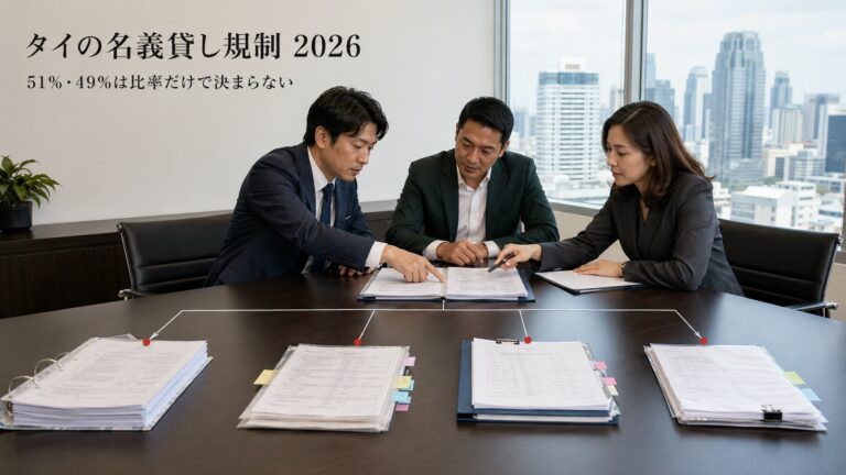 タイ会社の株主名簿、銀行送金、議決、配当を照合し、51％・49％だけでは判断できない名義貸し規制を確認する会議