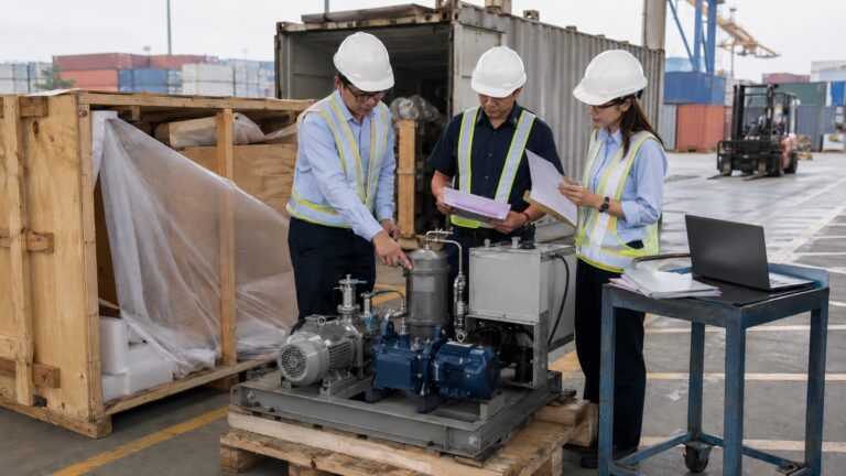 ベトナム港湾税関で産業機械の貨物、仕様、書類を照合する企業責任者、通関担当、税関職員