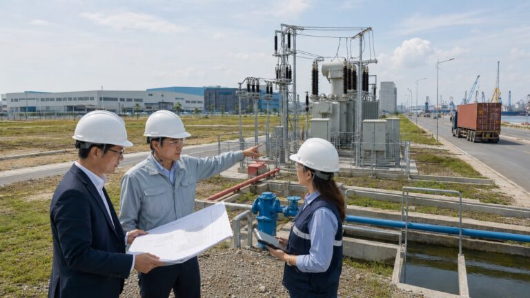 ベトナム工業団地で区画、物流、変電・給排水設備を確認する進出担当者と技術者