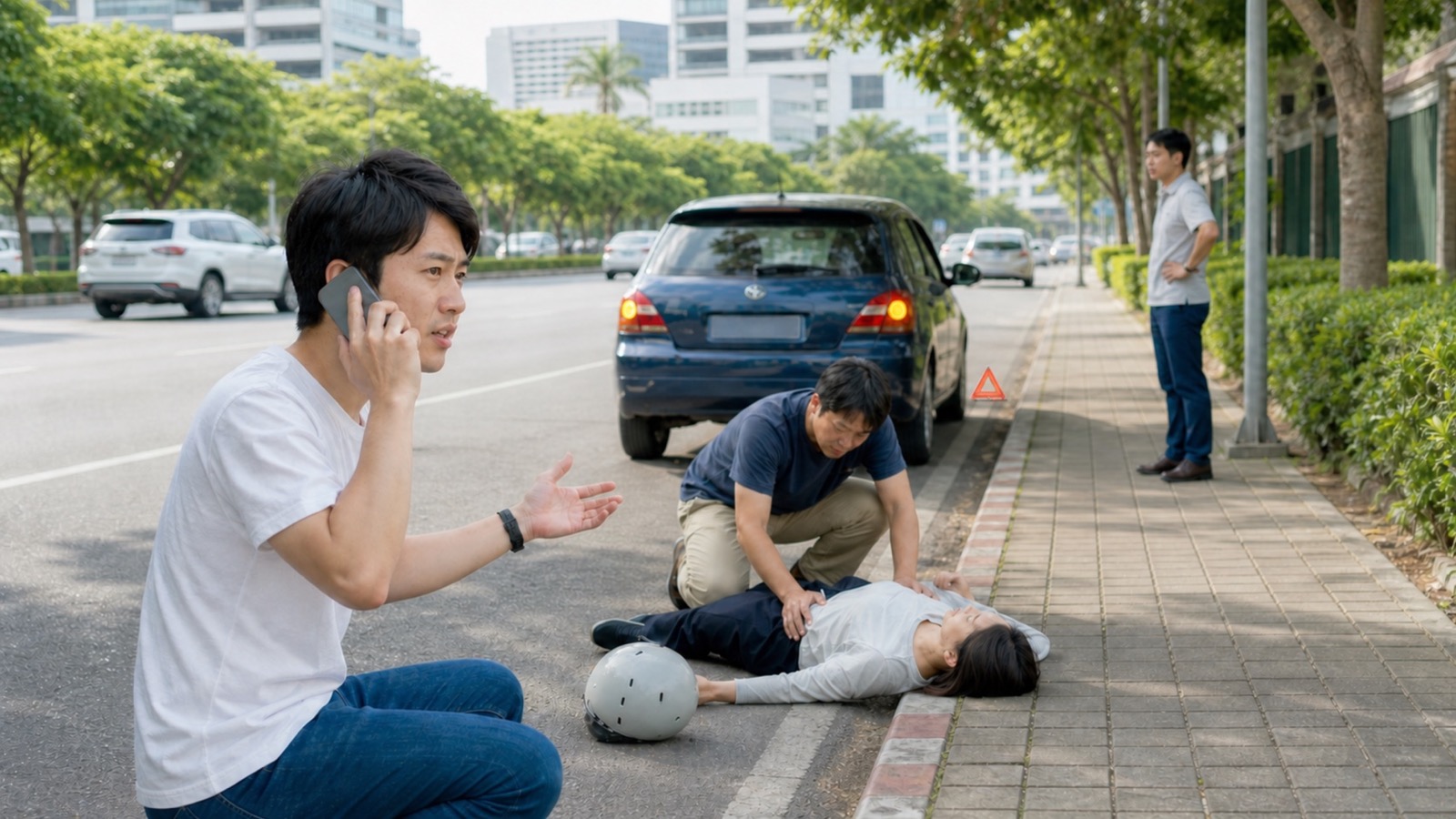 バンコクの道路事故現場で一人が走行車両から現場を守り、別の人が1669へ負傷者数と位置を伝える様子