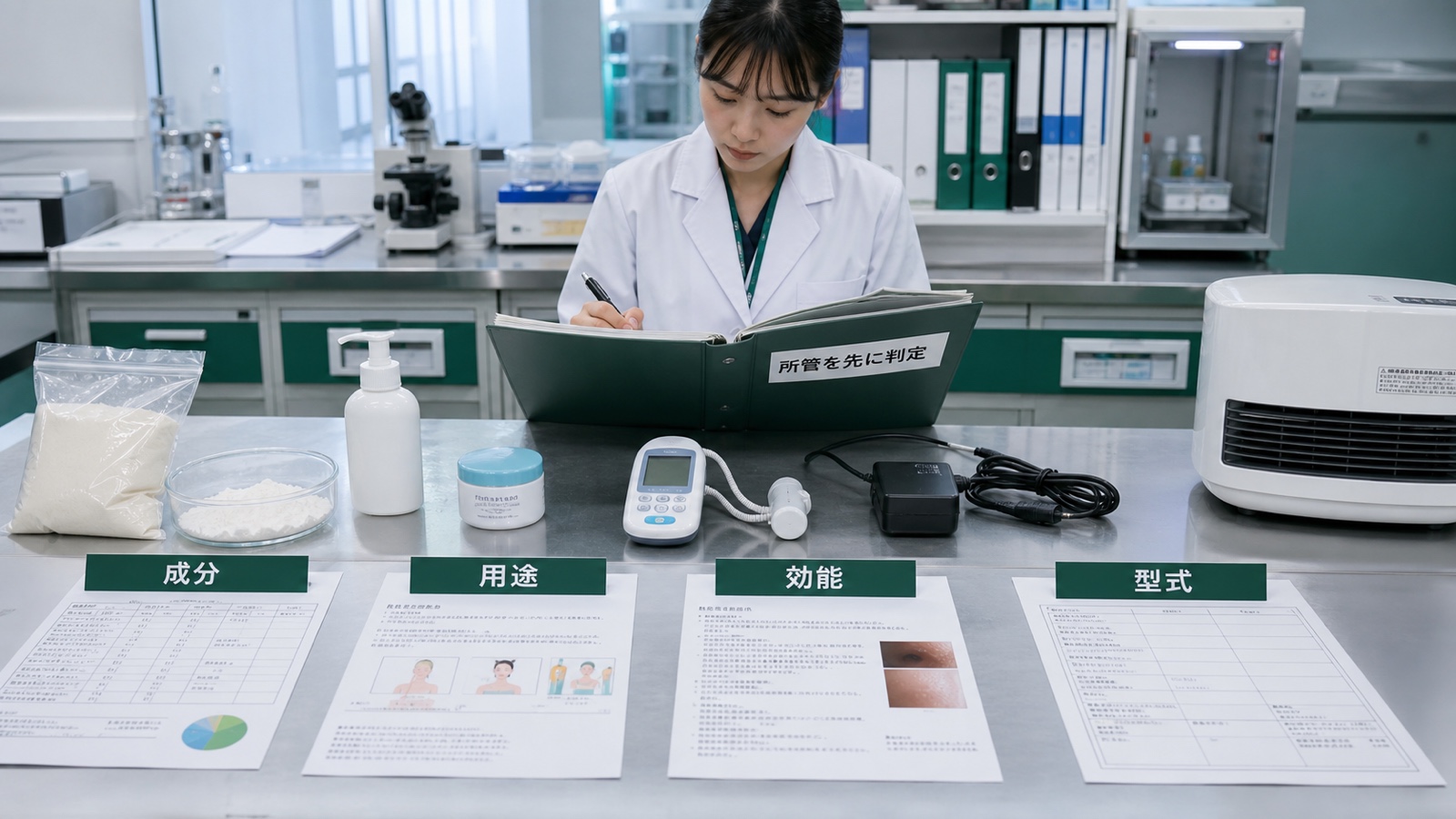 タイへ輸入する商品の原材料、用途、効能表現、使用者、包装、型式を実物と資料で照合して所管を決める担当者