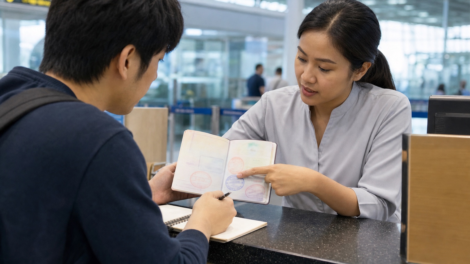 タイの空港到着ロビーで旅行者が入国印の滞在期限を職員と確認する様子
