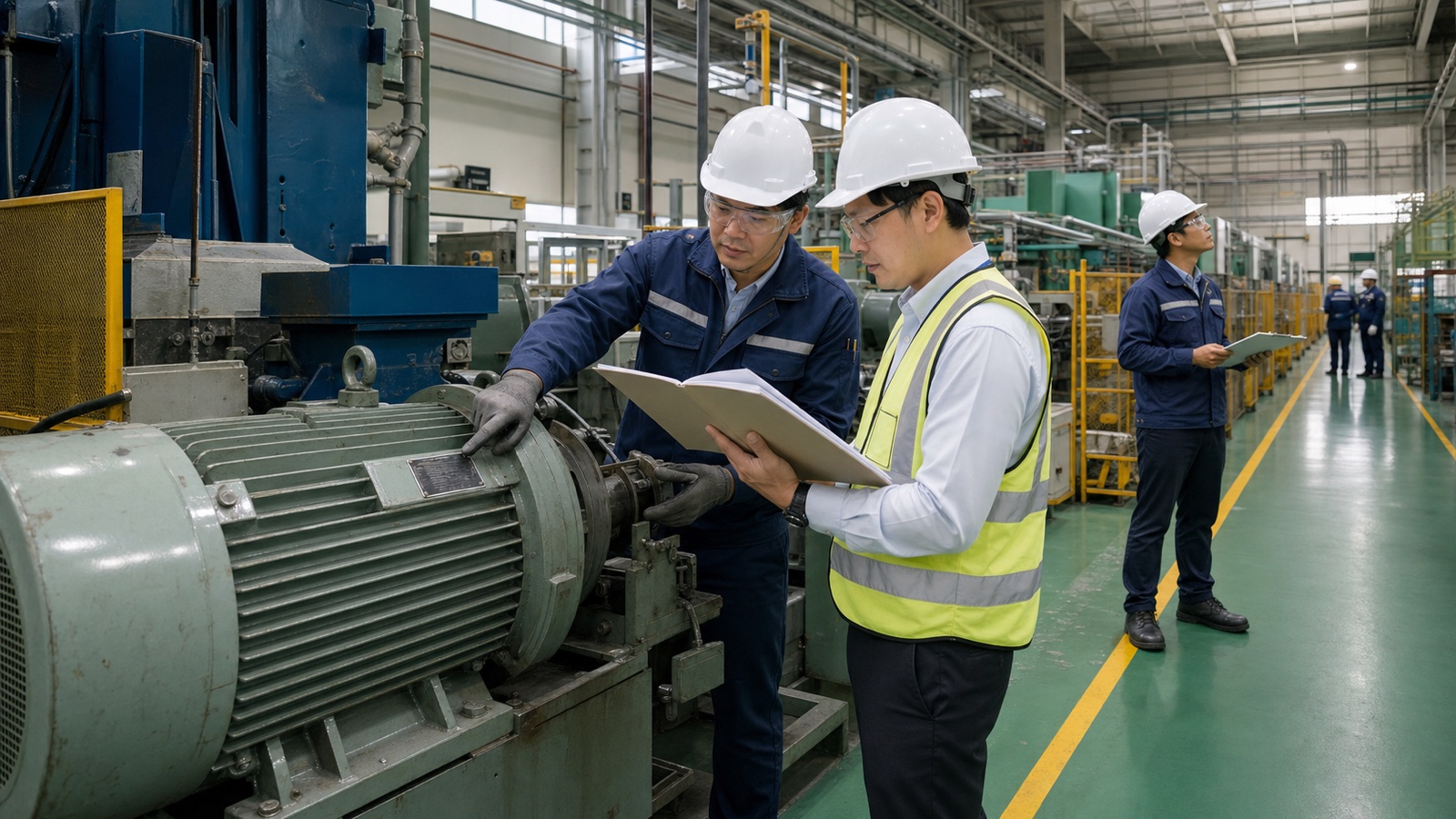 タイ工場の現場で技術者が設備銘板、機械台帳、作業者配置、製造工程を照合して工場法の対象を確認する様子