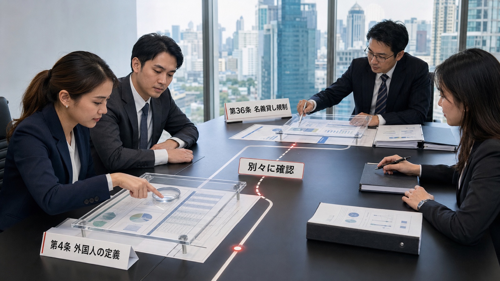 タイ会社の株主名簿と実際の出資証憑を照合し、外国人該当性と名義貸しを別々に確認する場面