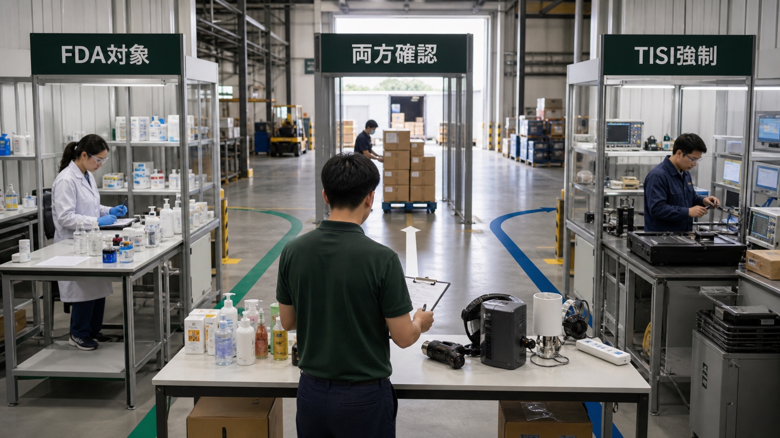 タイへの輸入商品をThai FDA、TISI、両方確認、対象外確認の各所管へ実物に基づき振り分ける輸入責任者