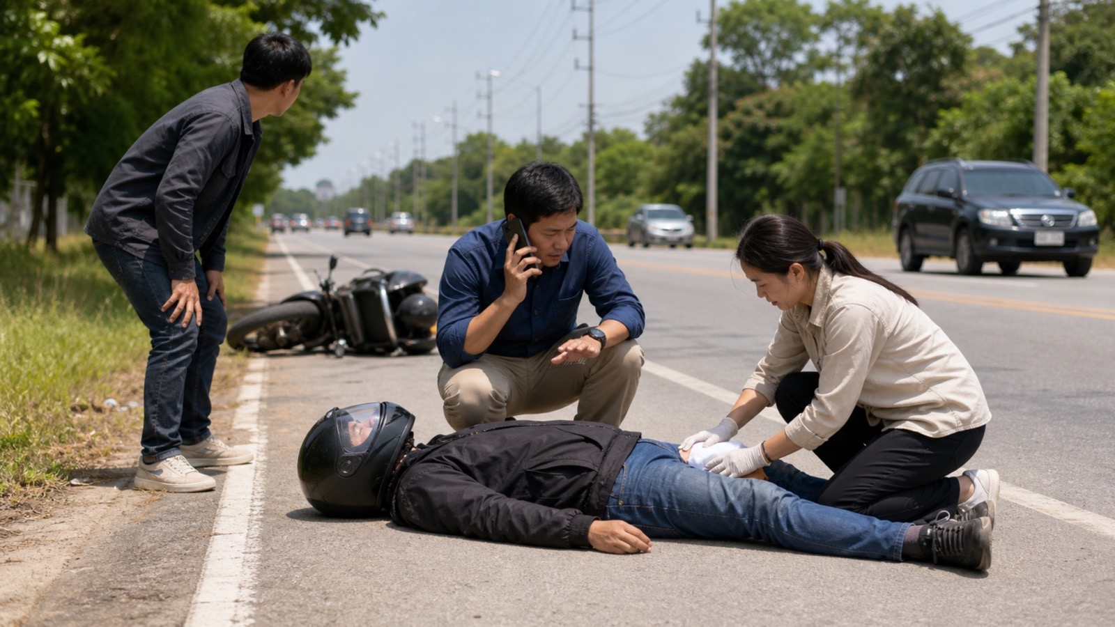 タイのバイク事故現場で通報者が1669の指示を聞きながら負傷者を動かさず見守り、別の人が清潔な布で出血部を圧迫する様子