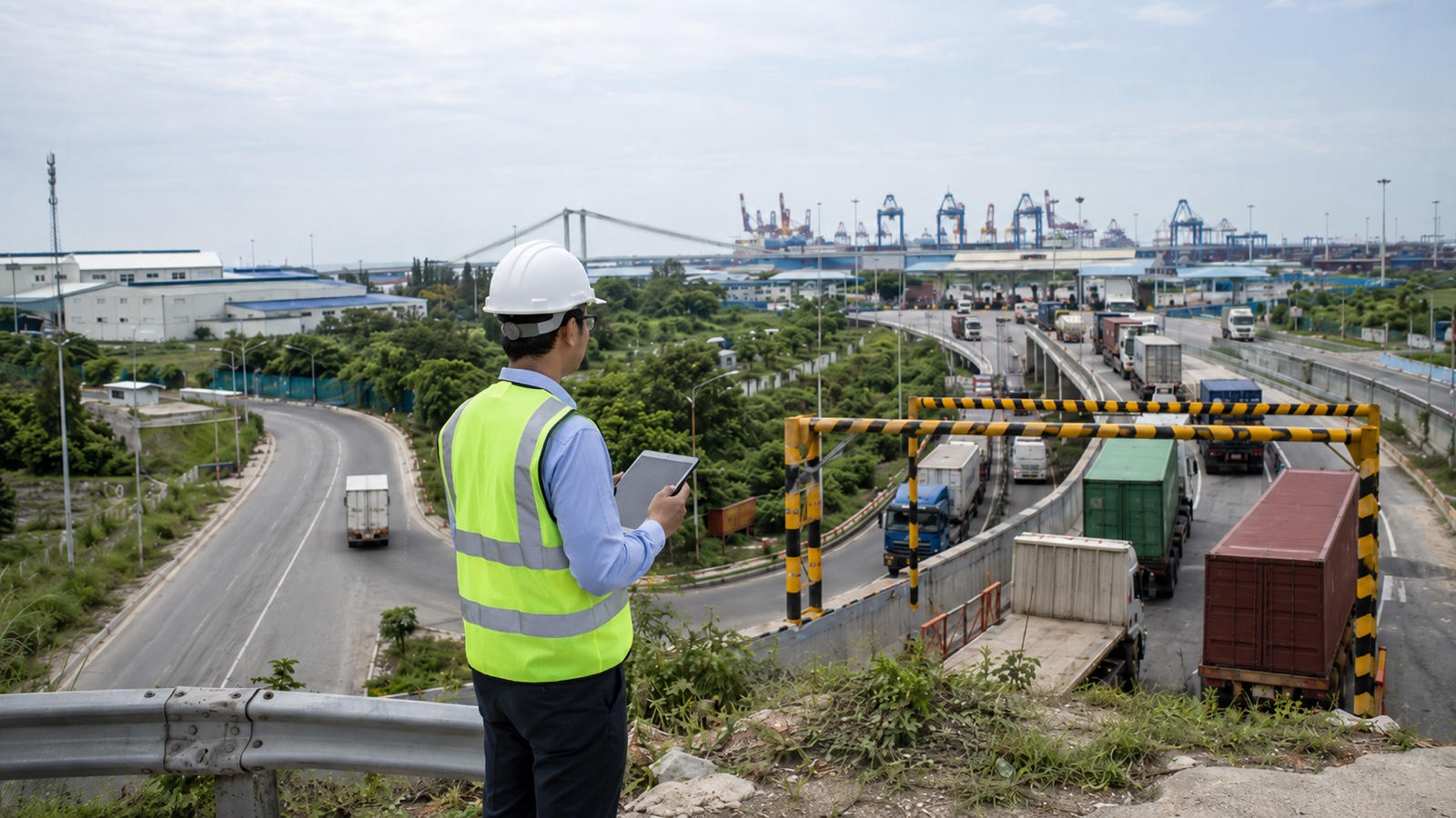 工業団地から港までの渋滞、橋梁制限、港湾ゲート、代替経路を現地確認する物流担当者