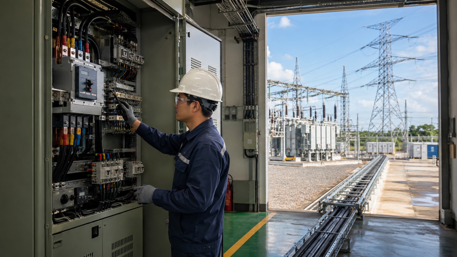 送電網、変電所、工場内主配電盤まで続くベトナム工場の電力供給経路