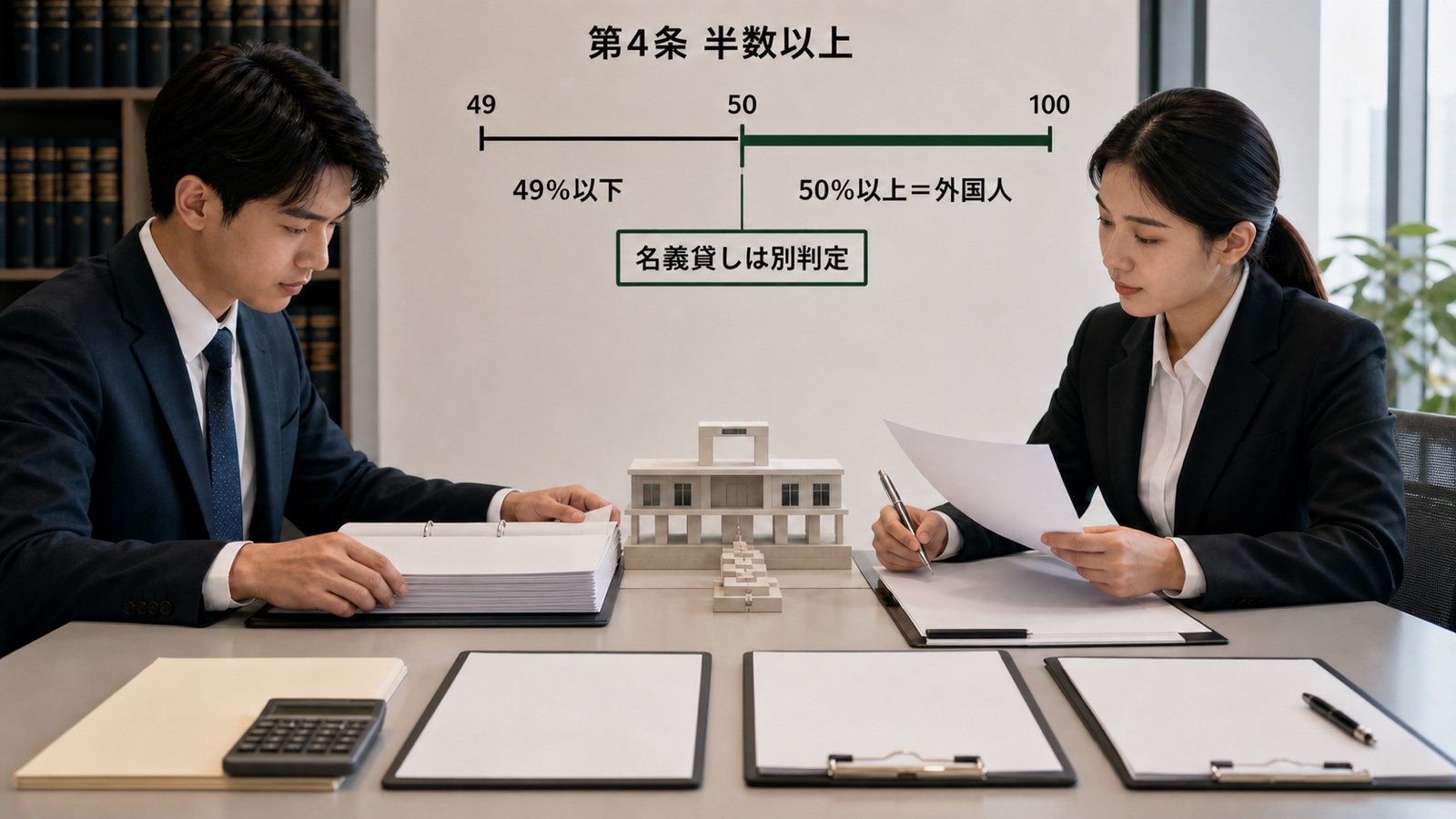 タイ会社の株主名簿、資本、法人の連鎖を確認し、外資49％と50％の違い、名義貸しの実態確認を分ける場面