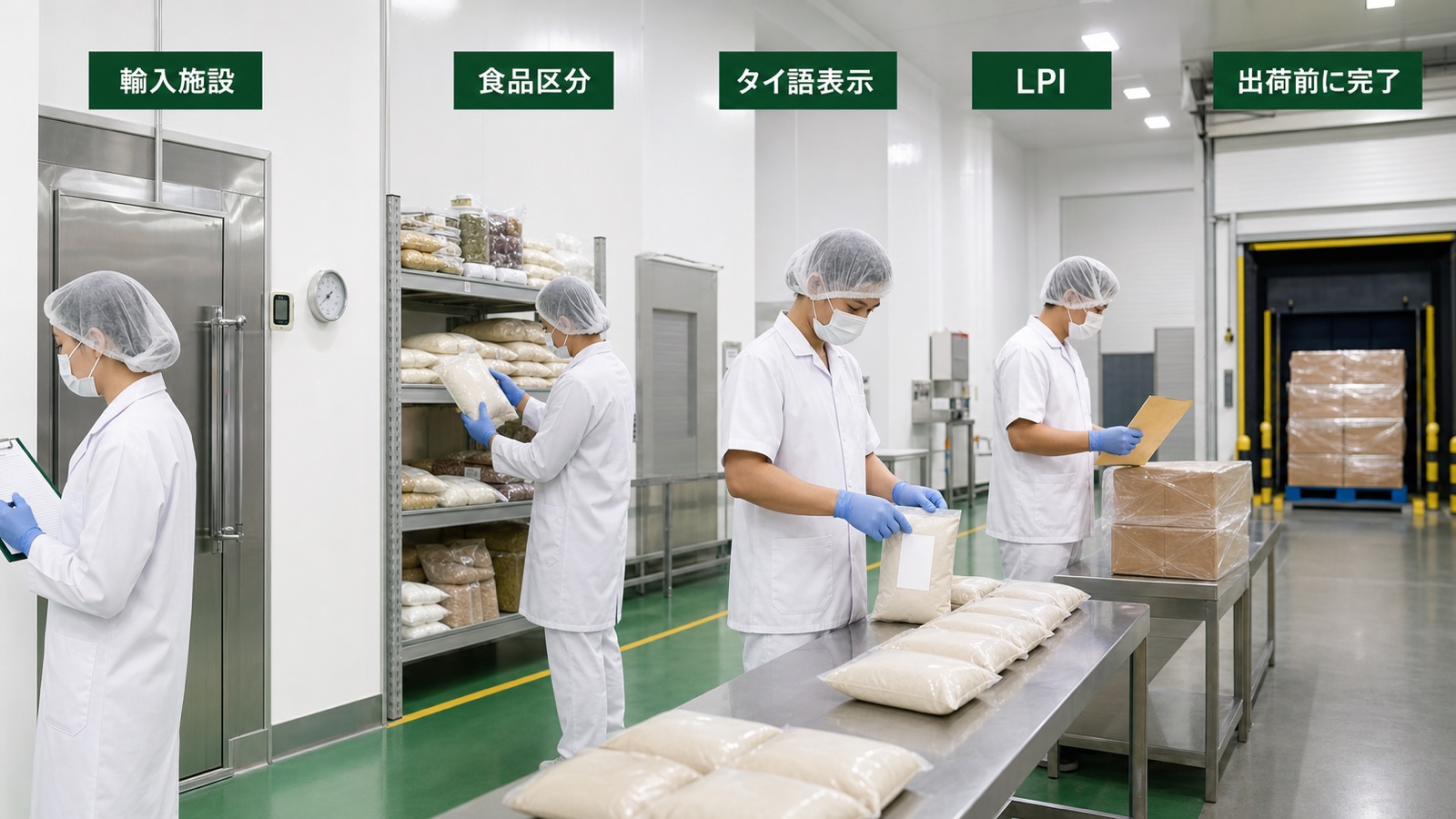 タイへ食品を輸入するため輸入施設、食品区分、登録番号、タイ語ラベル、LPI、FDA検査所を順に確認する担当者