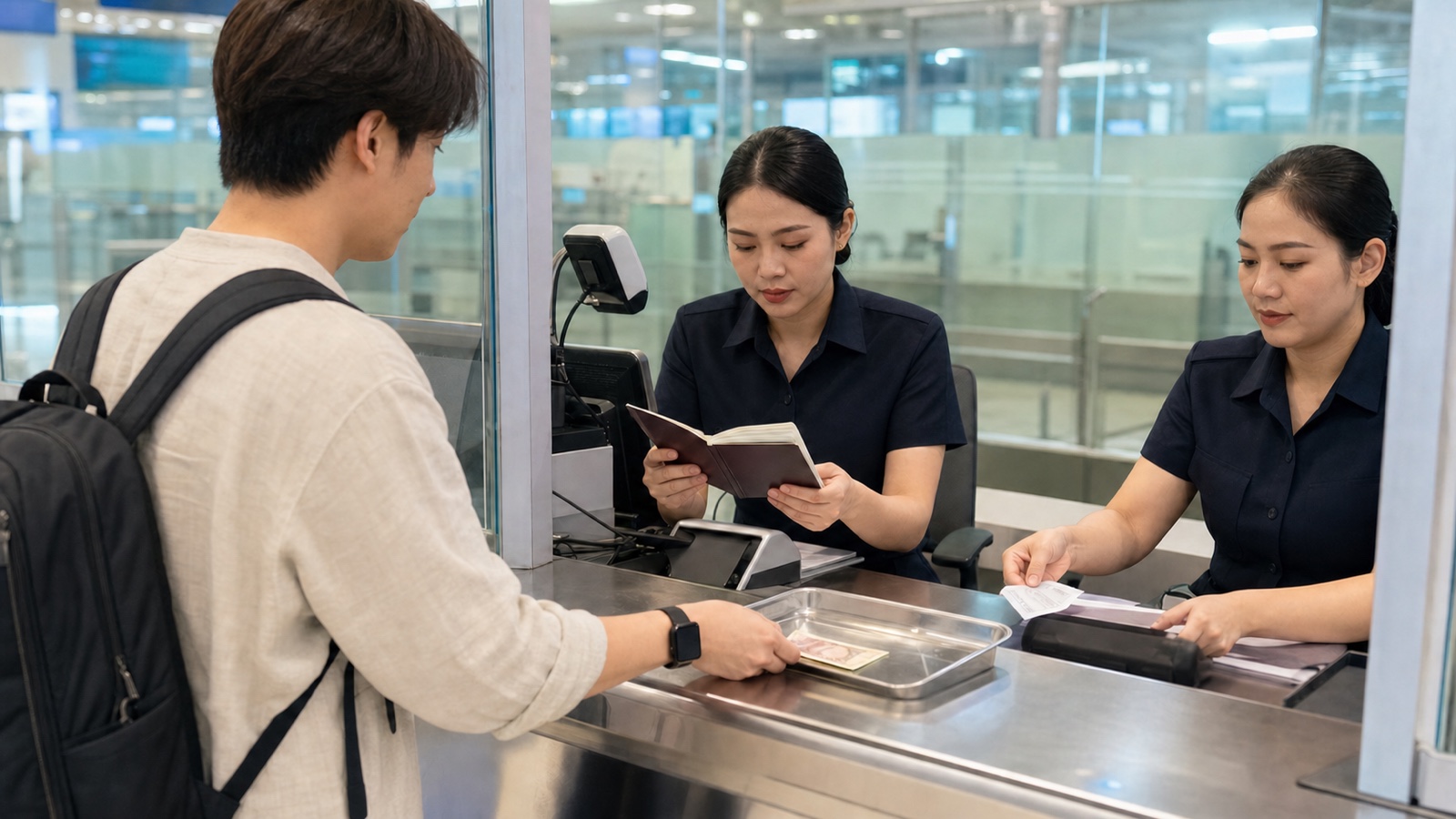 タイの空港入管窓口で職員が旅券の超過日数を確認し旅行者が現金と領収書を受け取る様子
