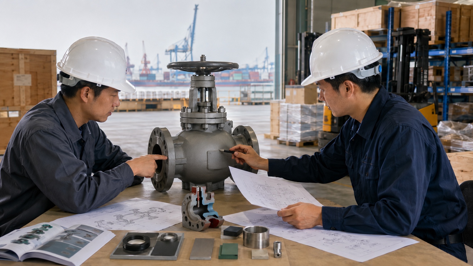ベトナム税関の分類作業台で機械部品の材質、断面、構造、用途を確認してHSコードを判断する場面