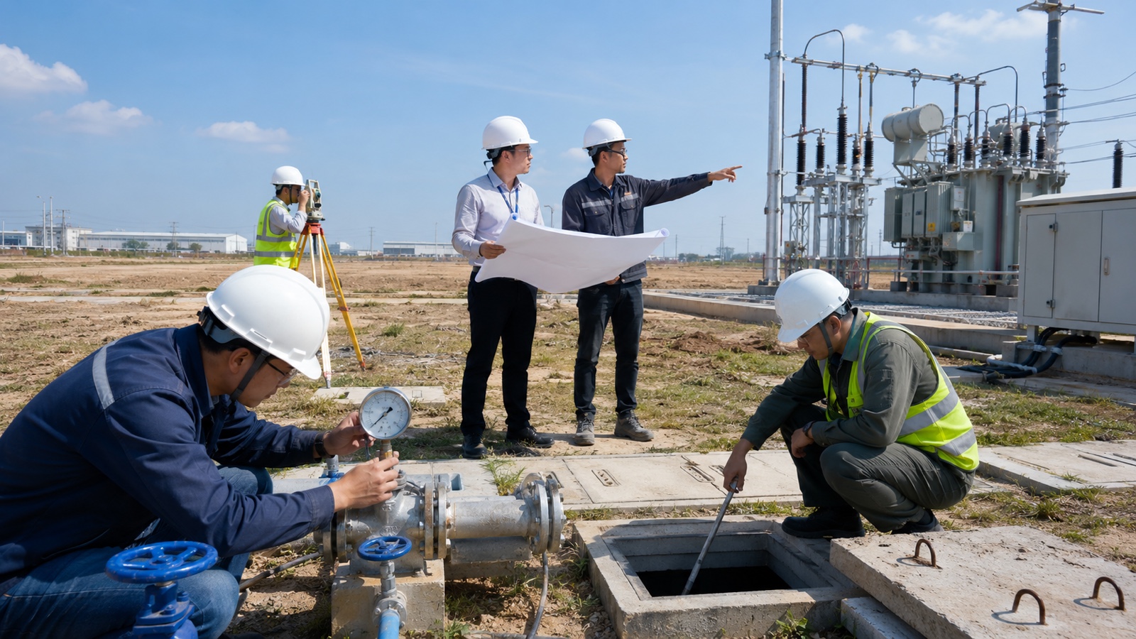 ベトナム工業団地の対象区画で電力、給水、排水、地盤高を図面と計器で照合する技術者