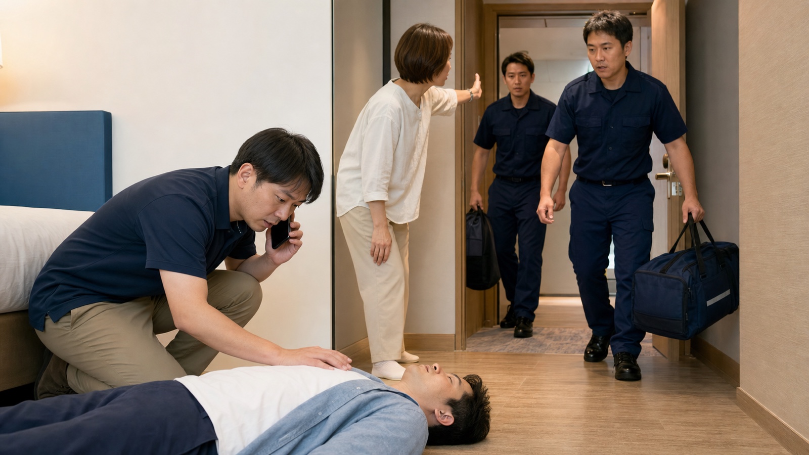 タイで救急通報をした人が倒れた人の呼吸と意識を確認し、救急指令員の指示を聞きながら待つ様子