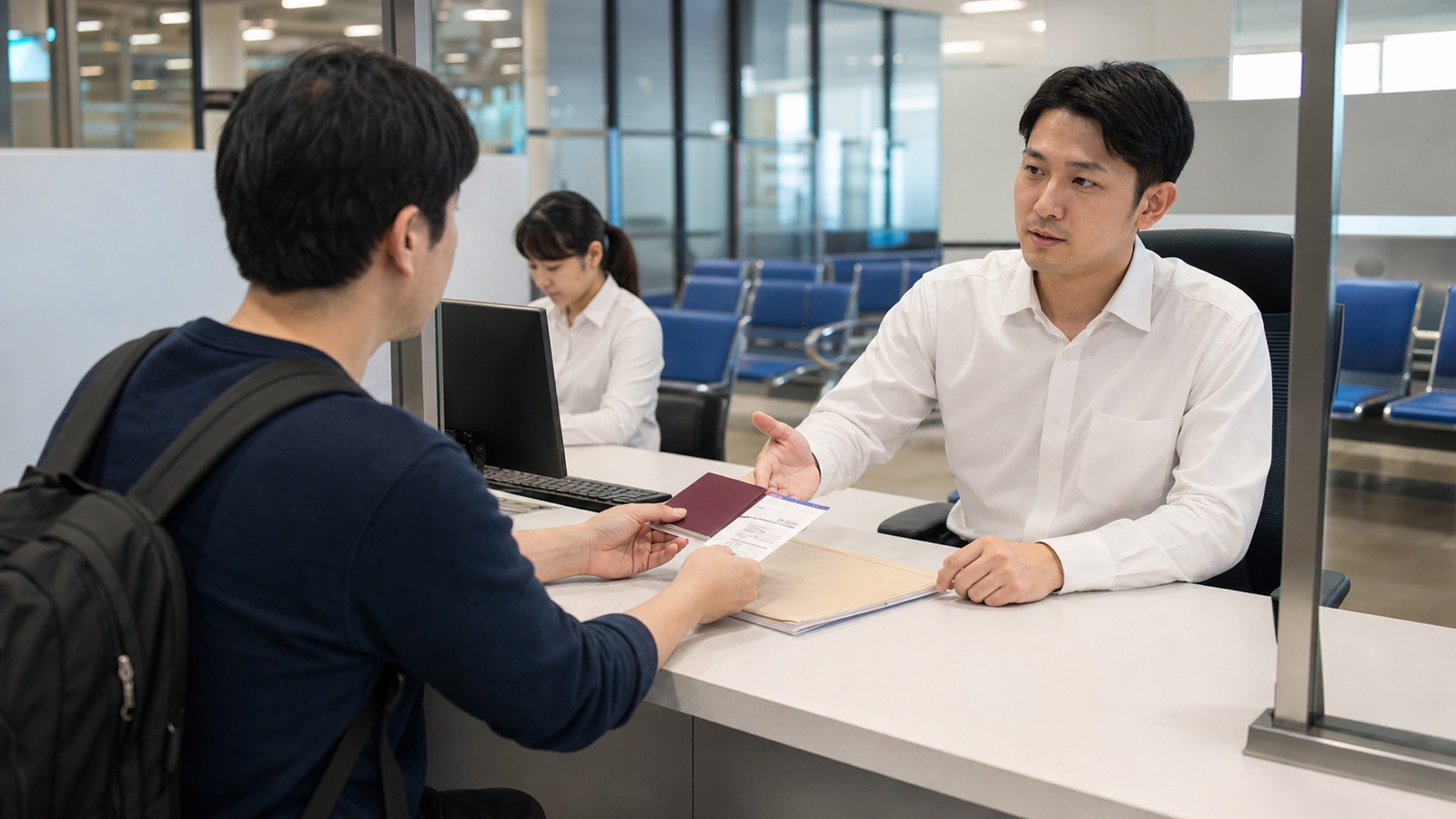 タイの入国管理局でオーバーステイ中の旅行者が自ら旅券と航空券を提示して相談する様子