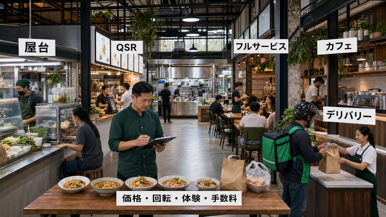 タイのストリートフード、QSR、フルサービス、カフェ、デリバリーの価格・回転・体験・手数料の違い