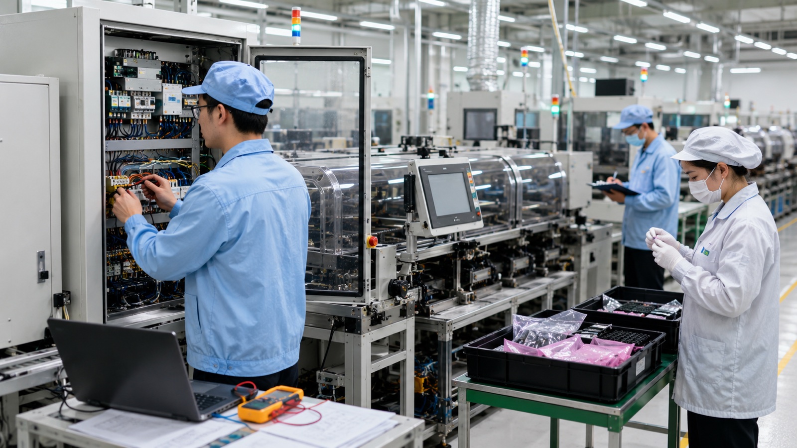 瞬時電圧低下で停止した生産ラインを確認する保全担当者と品質担当者