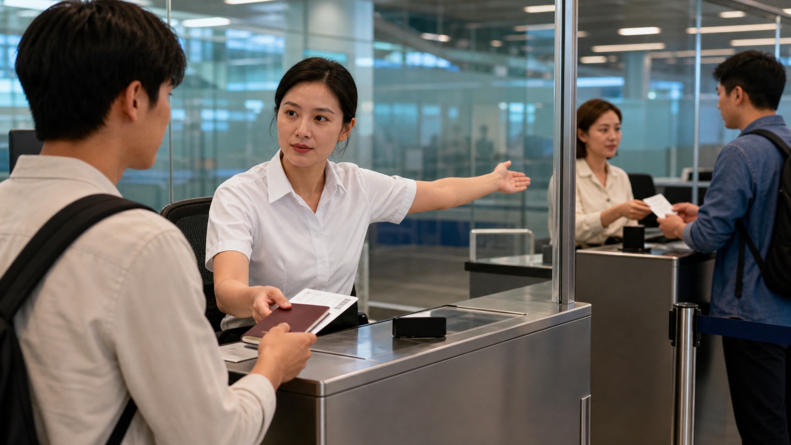 タイの国際空港で入管職員が旅券と出国便を確認しオーバーステイの支払手続を案内する様子