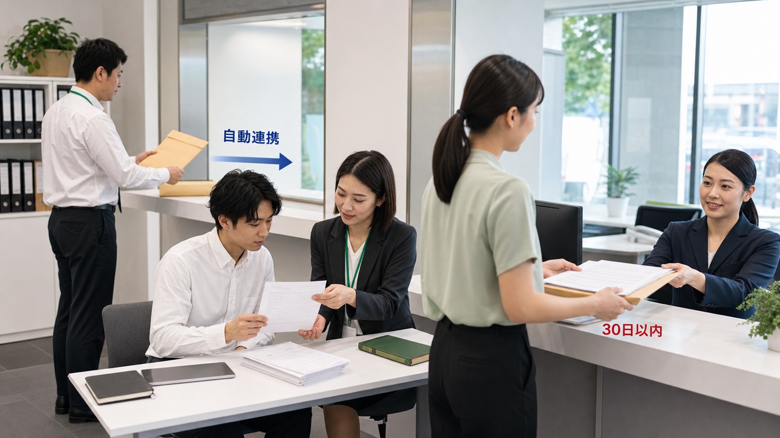 DBD設立会社の雇用主情報が社会保険へ自動連携された後、新しい従業員を雇用開始から30日以内に被保険者登録する場面
