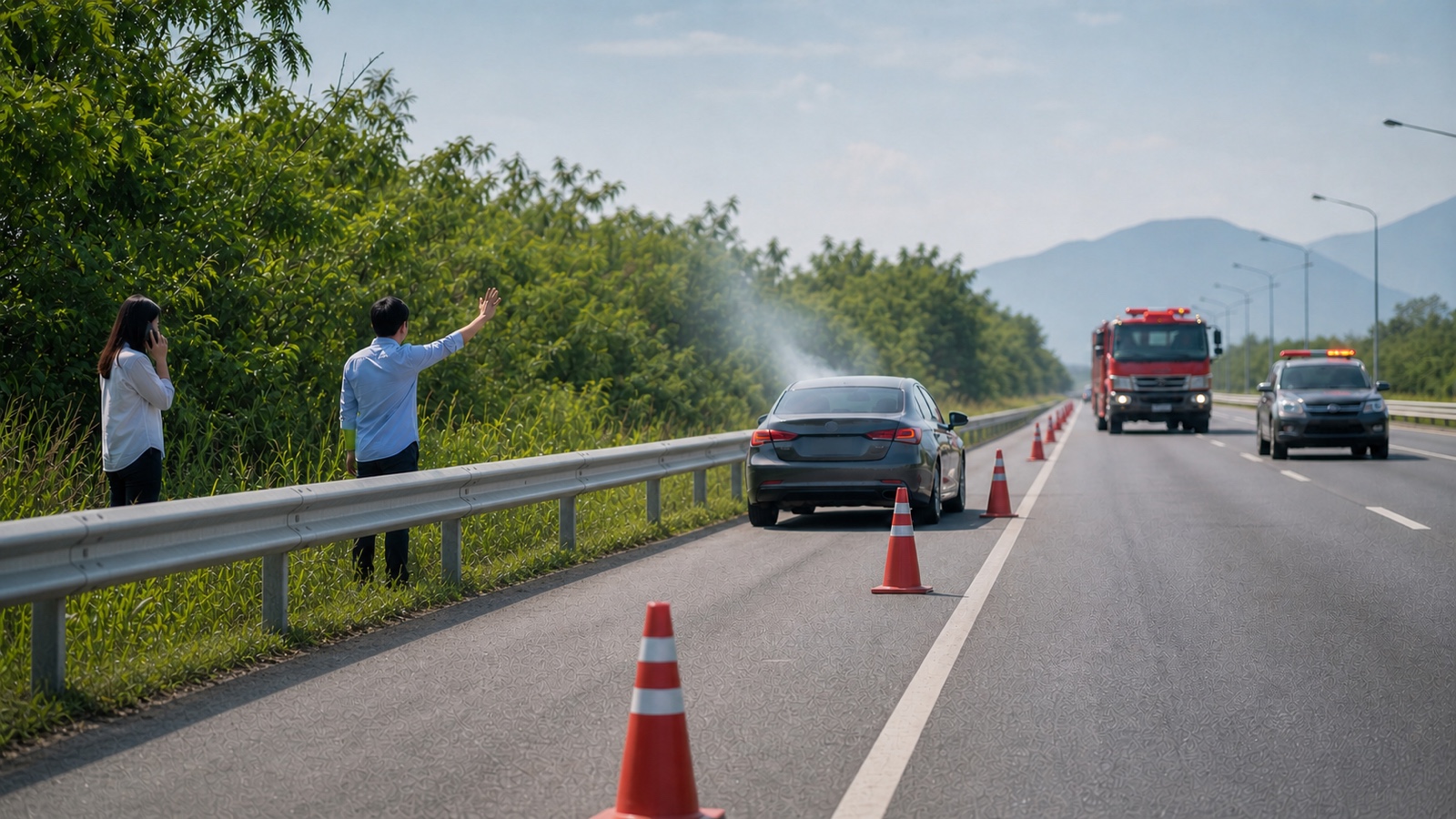 タイの高速道路で発煙した車から安全距離を取り、通報者が後続車に注意しながら消防と高速道路警察を待つ様子