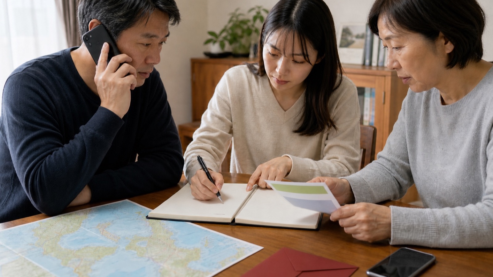 日本にいる家族がタイの宿泊先、現地の知人、在タイ日本国大使館へ連絡しながら時系列を一つに整理する様子