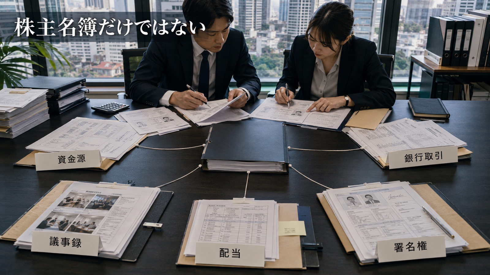タイ会社の株主名簿、銀行取引、議事録、配当、契約を同じ監査机で照合する場面