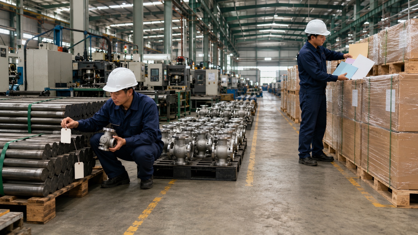 ベトナム工場で原材料ロット、製造工程、完成品、梱包貨物を追跡して原産地証明の根拠を確認する場面