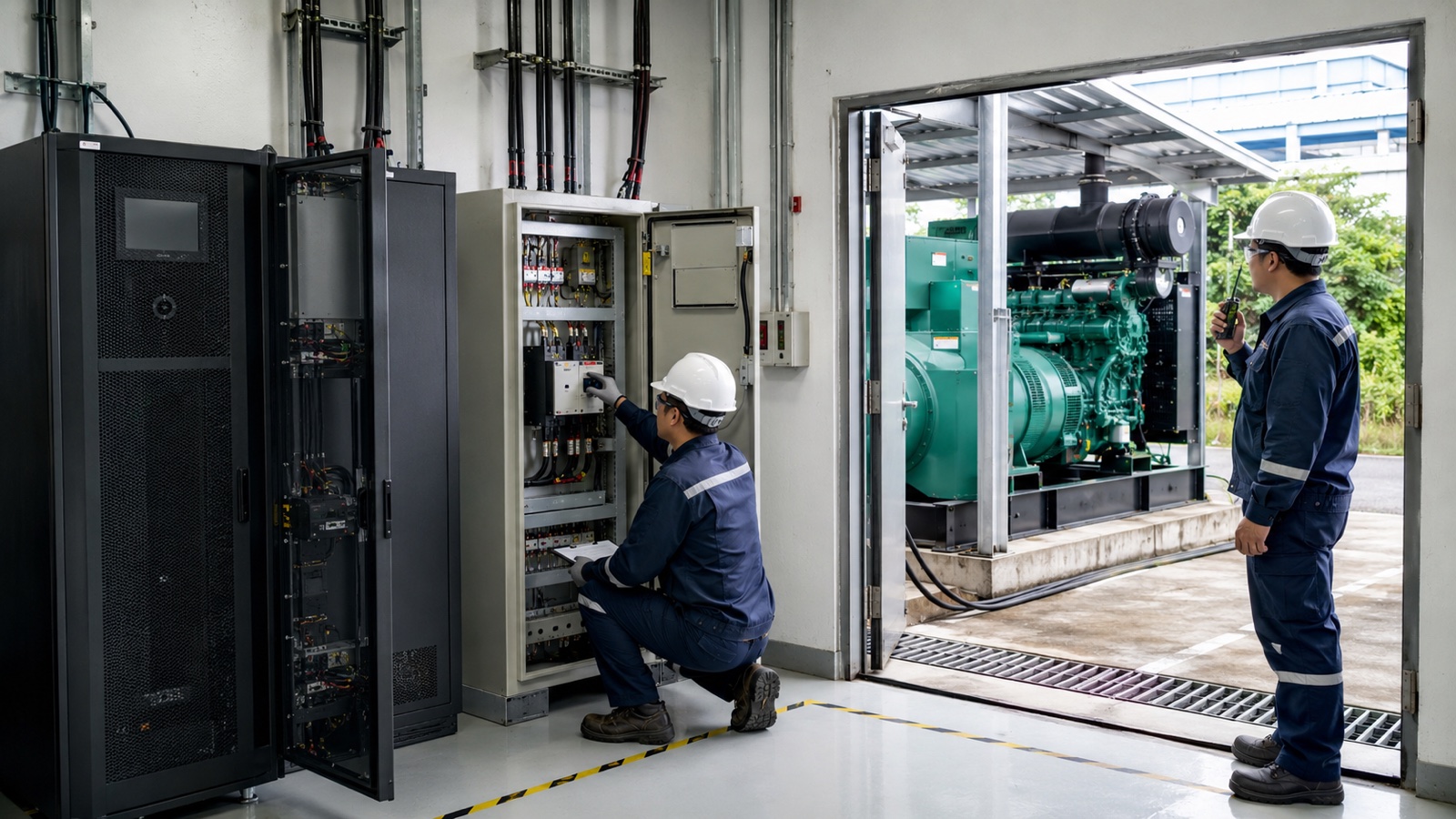 ベトナム工場でUPS、ATS、非常用発電機の切替試験を行う電気技術者