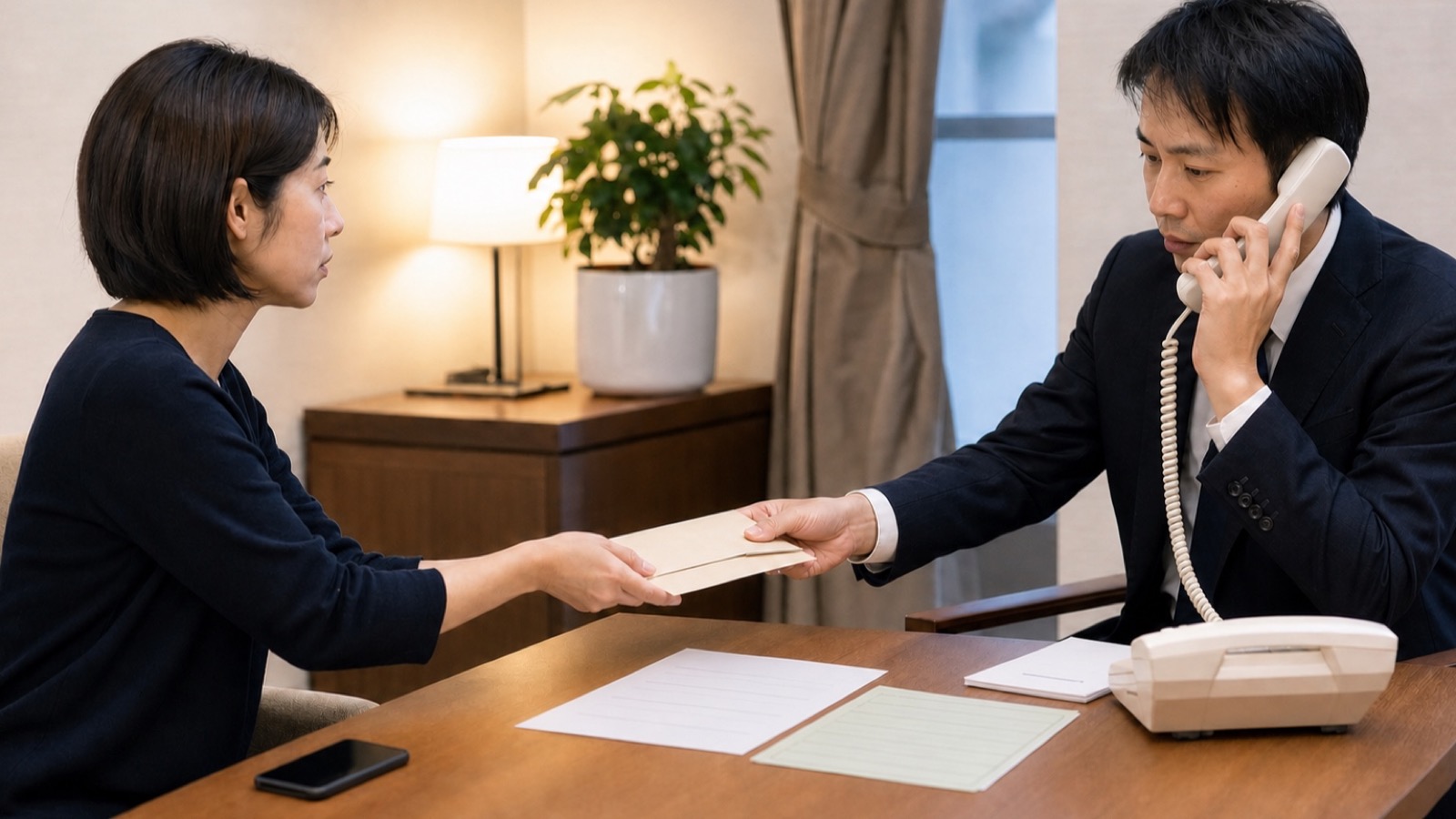 家族が在タイ日本国大使館の邦人援護担当へ旅券情報、最後の連絡、警察届出の記録を渡して相談する様子