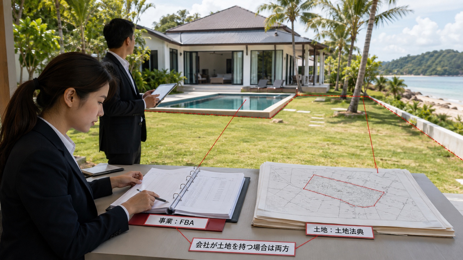 タイの会社株式と土地権利証を同じ取引机で確認し、外国人事業法と土地法典を区別する場面