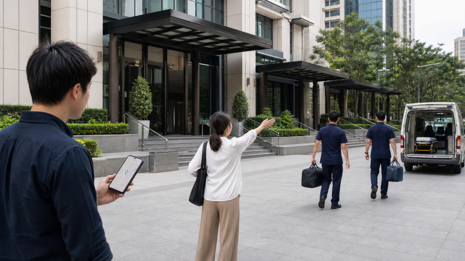 タイの通報者がスマートフォンの地図ピンと建物入口を照合し、救急隊を目印から現場へ誘導する様子