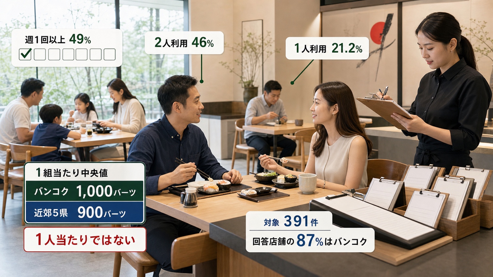 JETROの日本食4業態利用者調査で週1回以上49％、2人利用46％、1組当たり会計額中央値を示した利用像