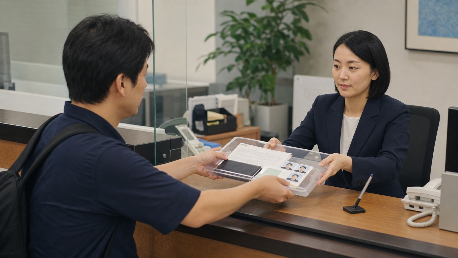 在タイ日本国大使館の領事窓口で旅行者が警察の紛失証明と本人確認資料を提示する様子