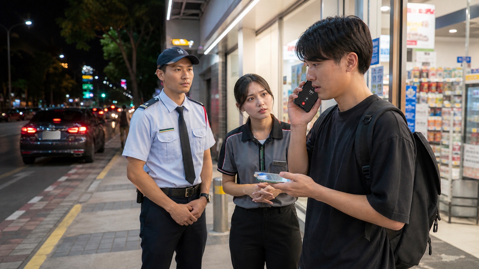 バンコクの明るいコンビニ前で危険な乗車を終えた乗客が店員の近くから警察へ連絡し、乗車情報を保存する様子