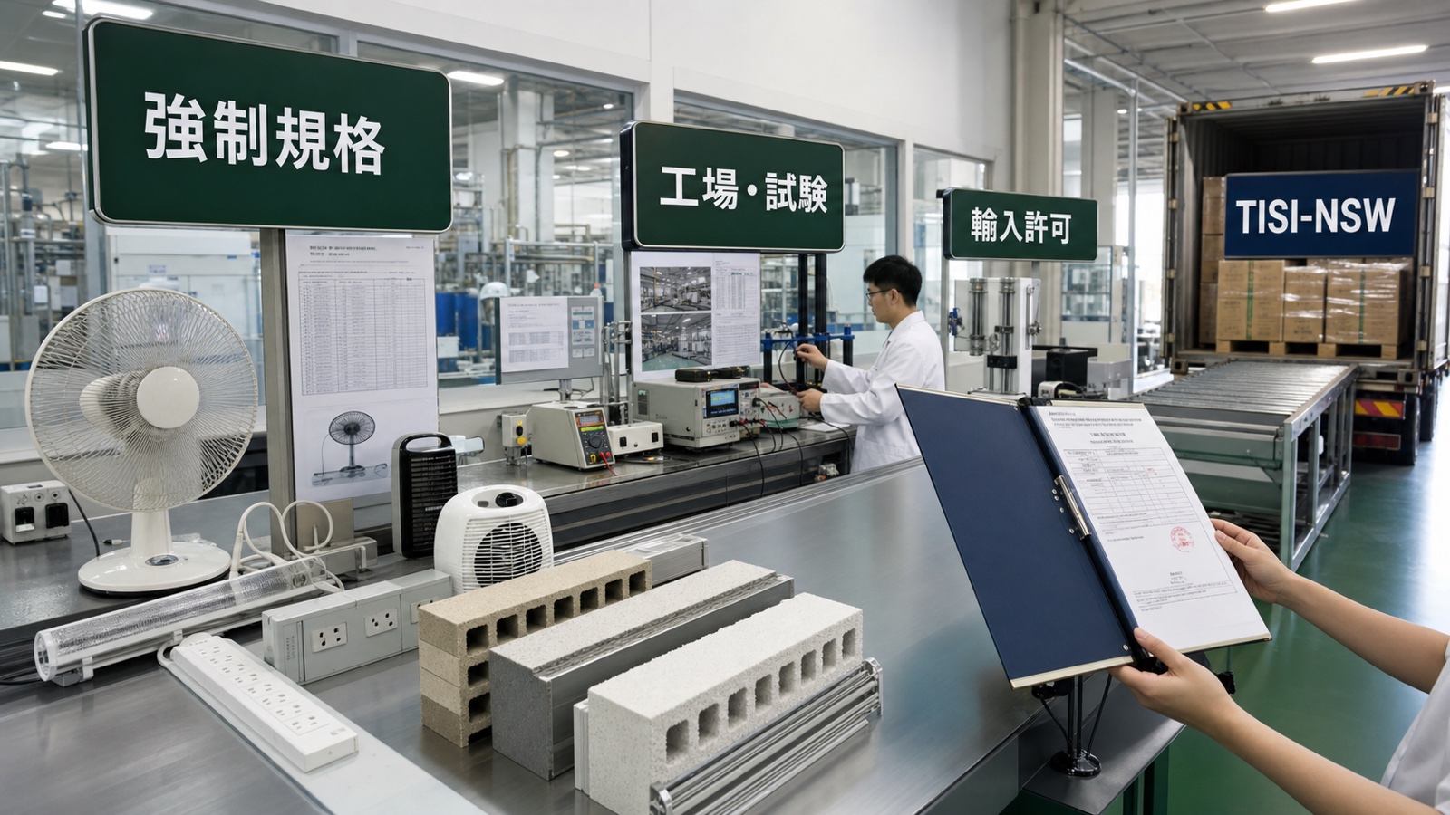 TISI強制規格対象の製品を規格範囲、海外工場、試験、輸入許可、TISI-NSWの順で確認する輸入チーム