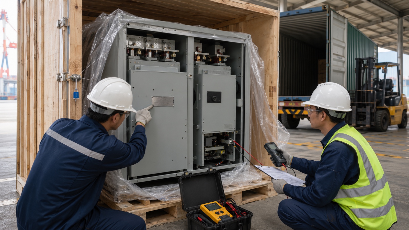 ベトナムの指定輸入港で産業用電気機器の仕様銘板、適合資料、商品ラベル、貨物封印を確認する専門検査