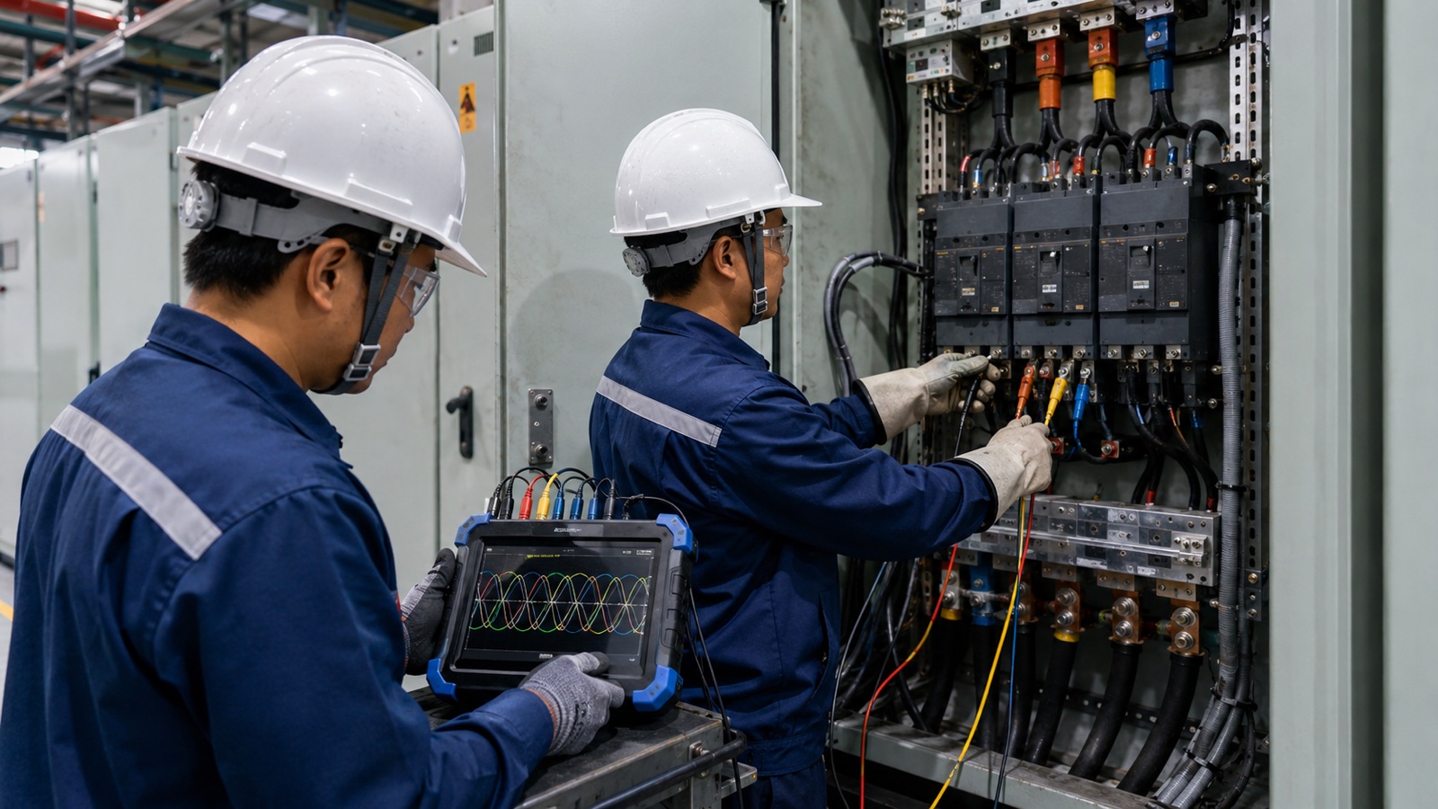 工場の受電盤で電力品質アナライザーを安全に接続して波形を記録する技術者