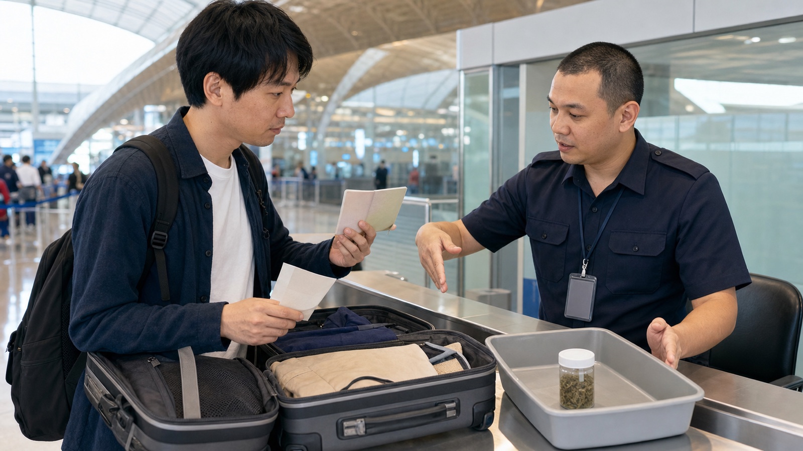 タイ国際空港の税関で旅行者が大麻製品を荷物へ入れず係員へ輸出入許可を確認する様子