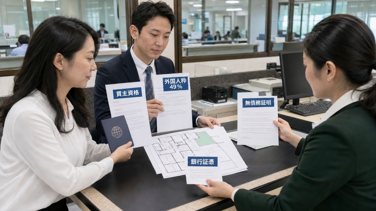 タイの土地局で外国人買主の資格資料、外国人枠証明、無債務証明、銀行証憑を照合して所有権を移転する場面